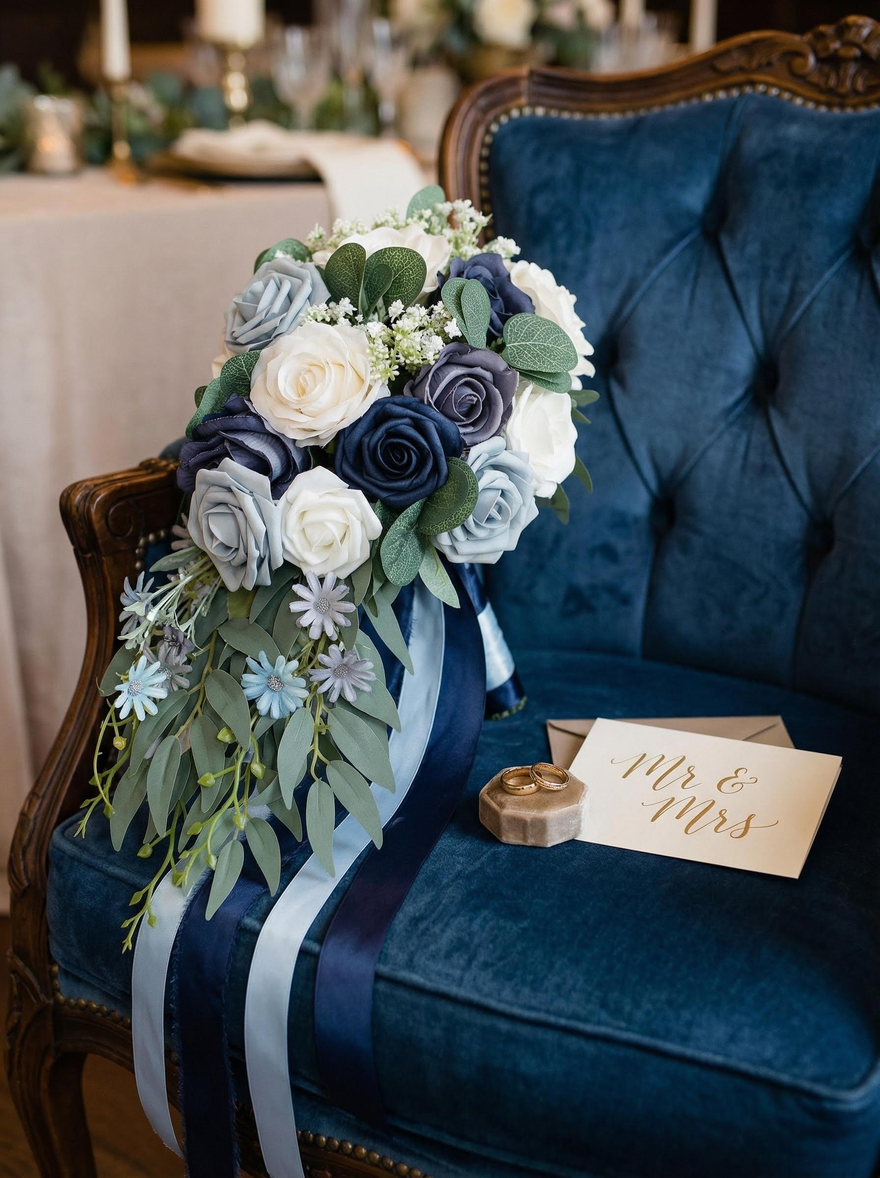 Blue and white bridal bouquet on a velvet chair
