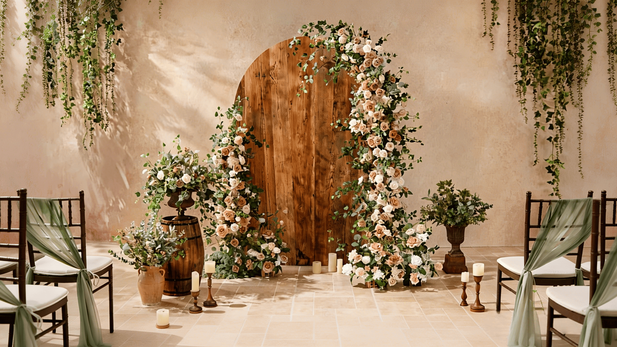 Rustic wedding ceremony backdrop with floral arch and chair drapes