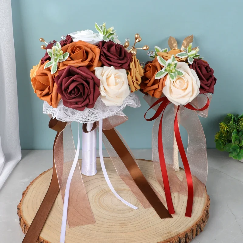 Bridal Bouquet in Burgundy & Blush styled display view