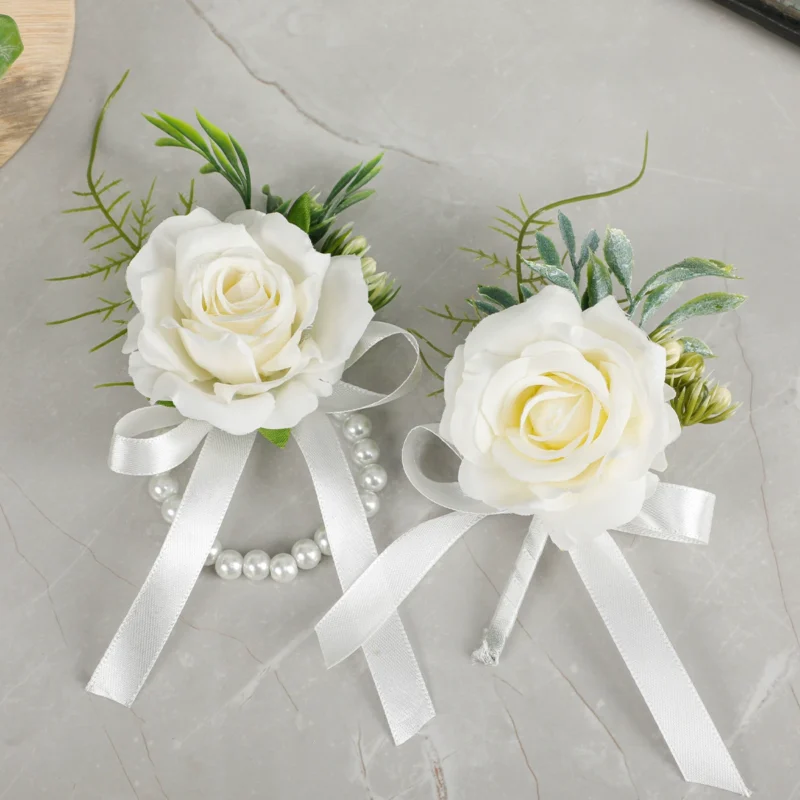 Ivory Wrist Corsage and Boutonniere Pair styled pair