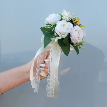 Garden Bridal Bouquet in White and Green front view