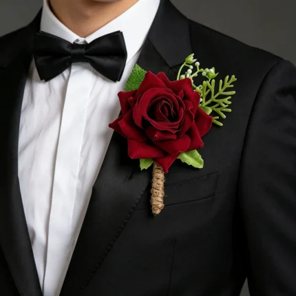 Ivory Rose Boutonniere for Groom and Groomsmen front view