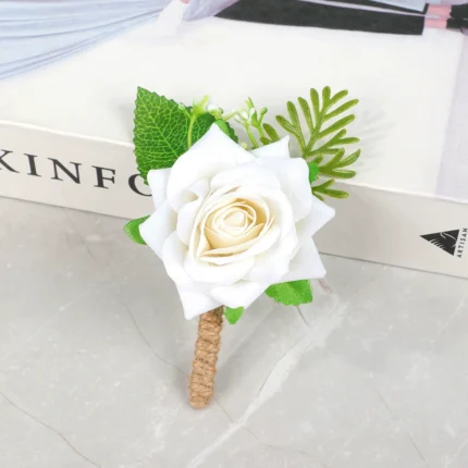 Ivory Rose Boutonniere for Groom and Groomsmen styled view